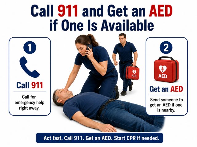 cpr first call 911 and get AED illustration 
