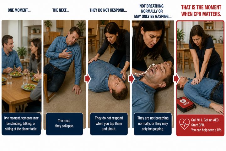 One moment dinner, than someone collapses and doesn't respond and they may need cpr illustration 